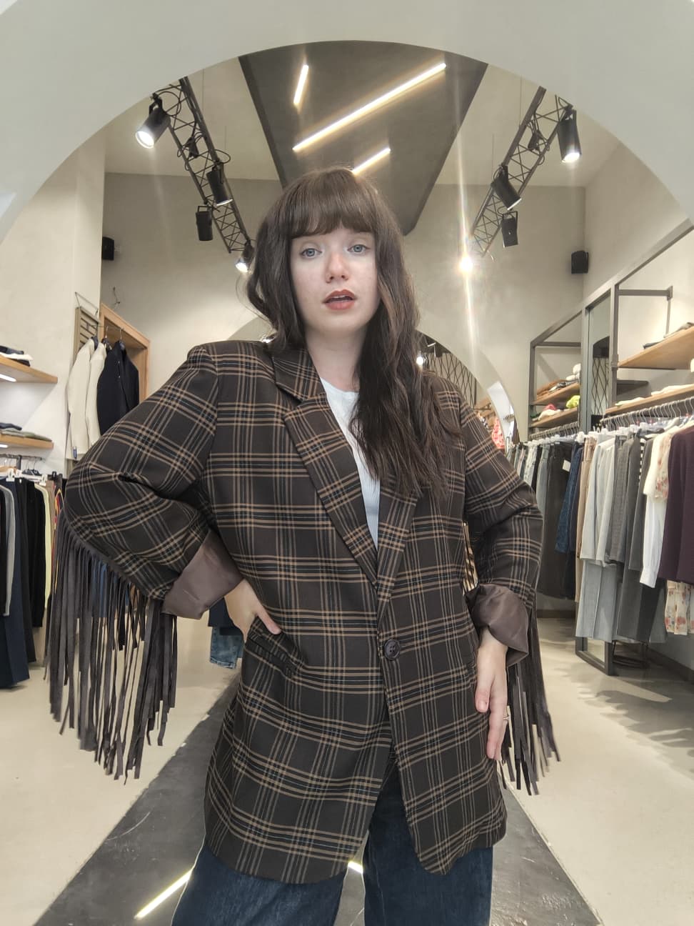 Blazer Oversize Tartan con Frange  Marrone Scuro