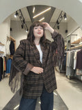 Blazer Oversize Tartan con Frange  Marrone Scuro