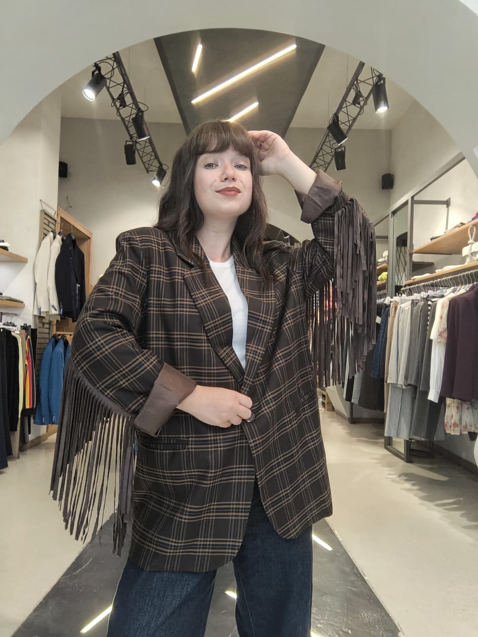 Blazer Oversize Tartan con Frange  Marrone Scuro