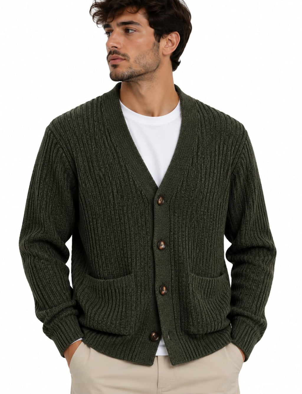 Cardigan a Coste in Ciniglia Verde