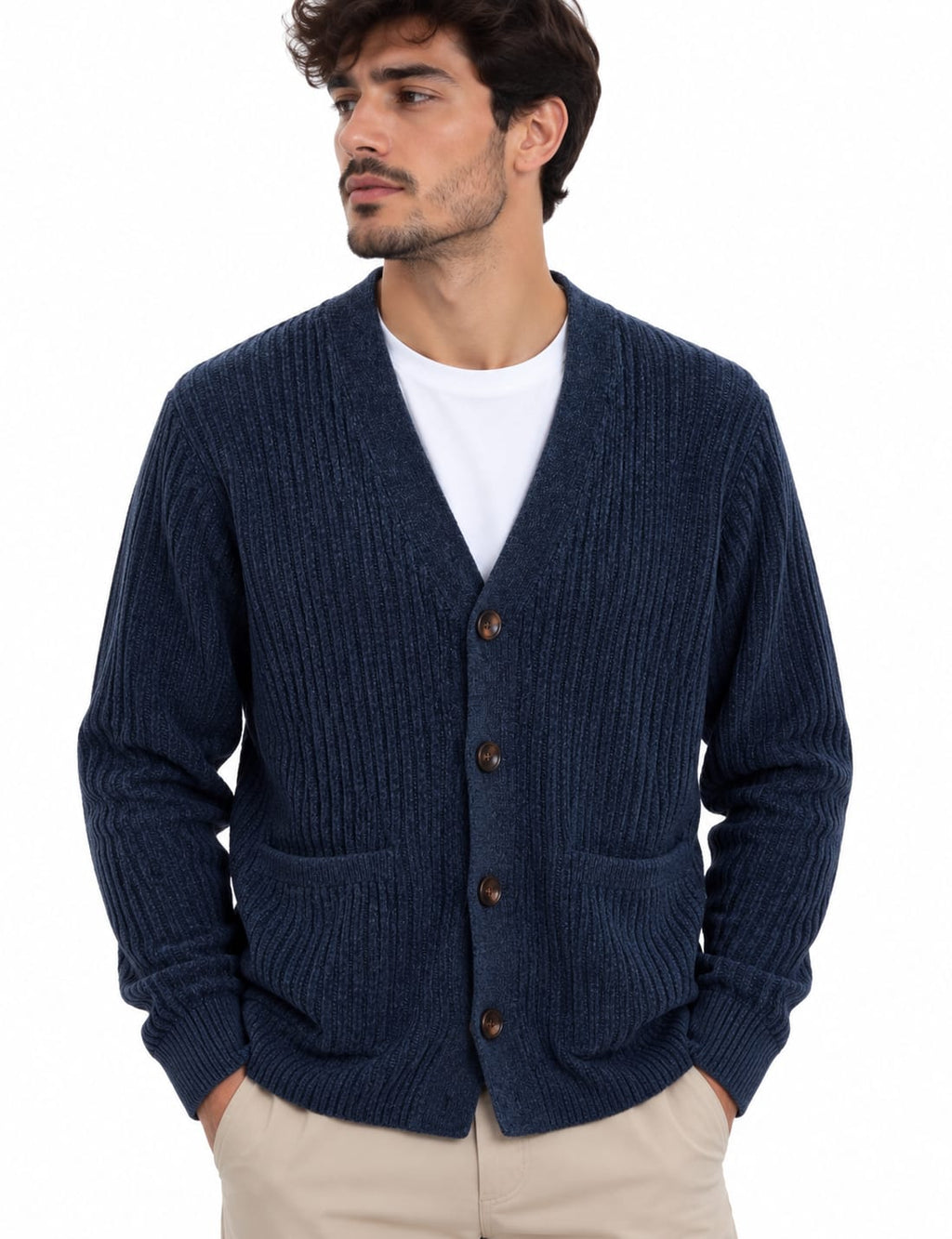 Cardigan a Coste in Ciniglia Blu