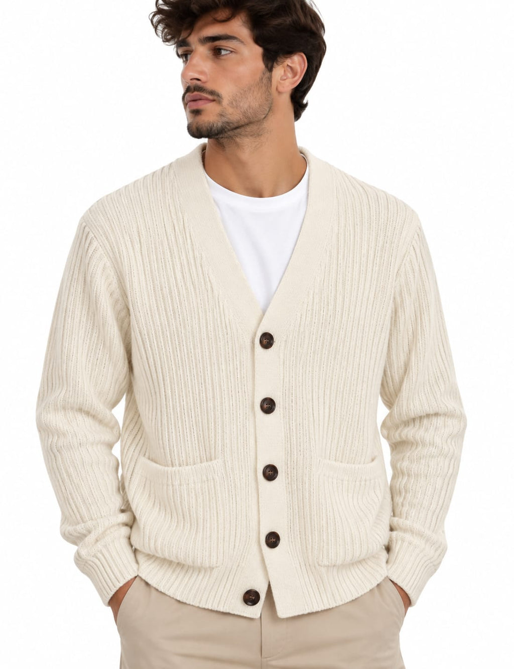 Cardigan a Coste in Ciniglia Bianco