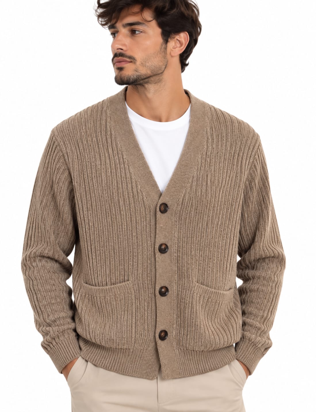 Cardigan a Coste in Ciniglia Beige
