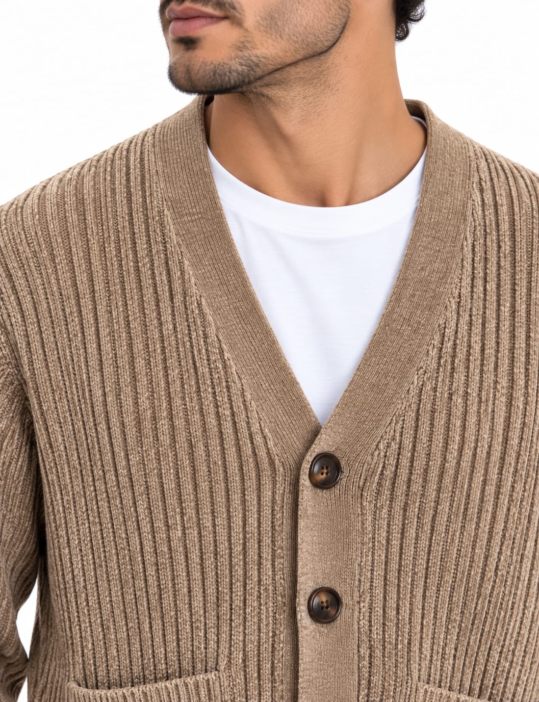 Cardigan a Coste in Ciniglia Beige