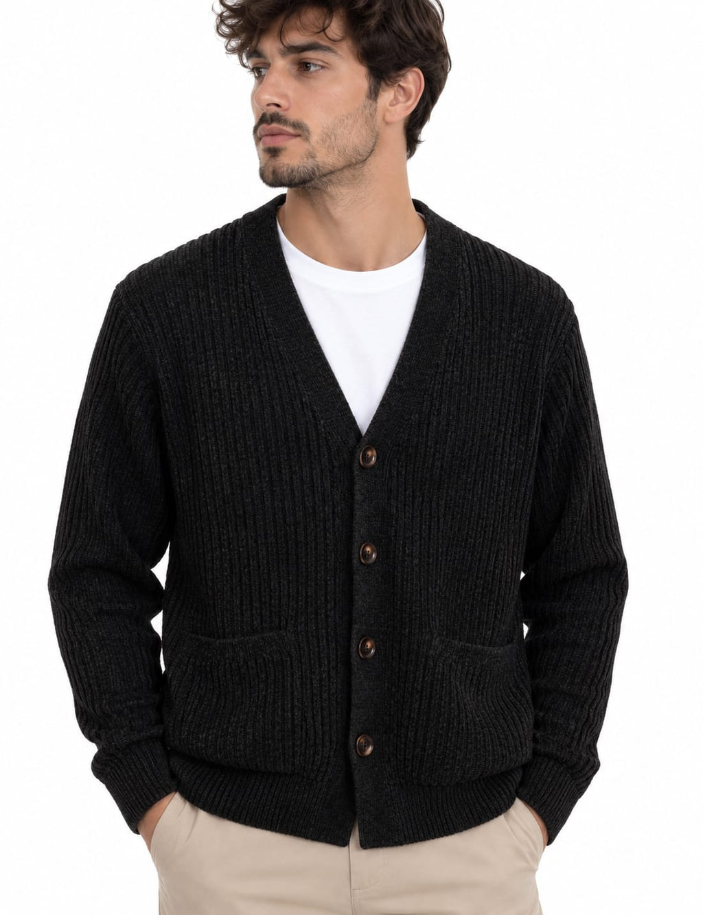 Cardigan a Coste in Ciniglia Nero