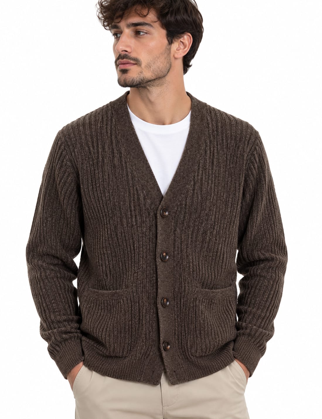 Cardigan a Coste in Ciniglia Marrone