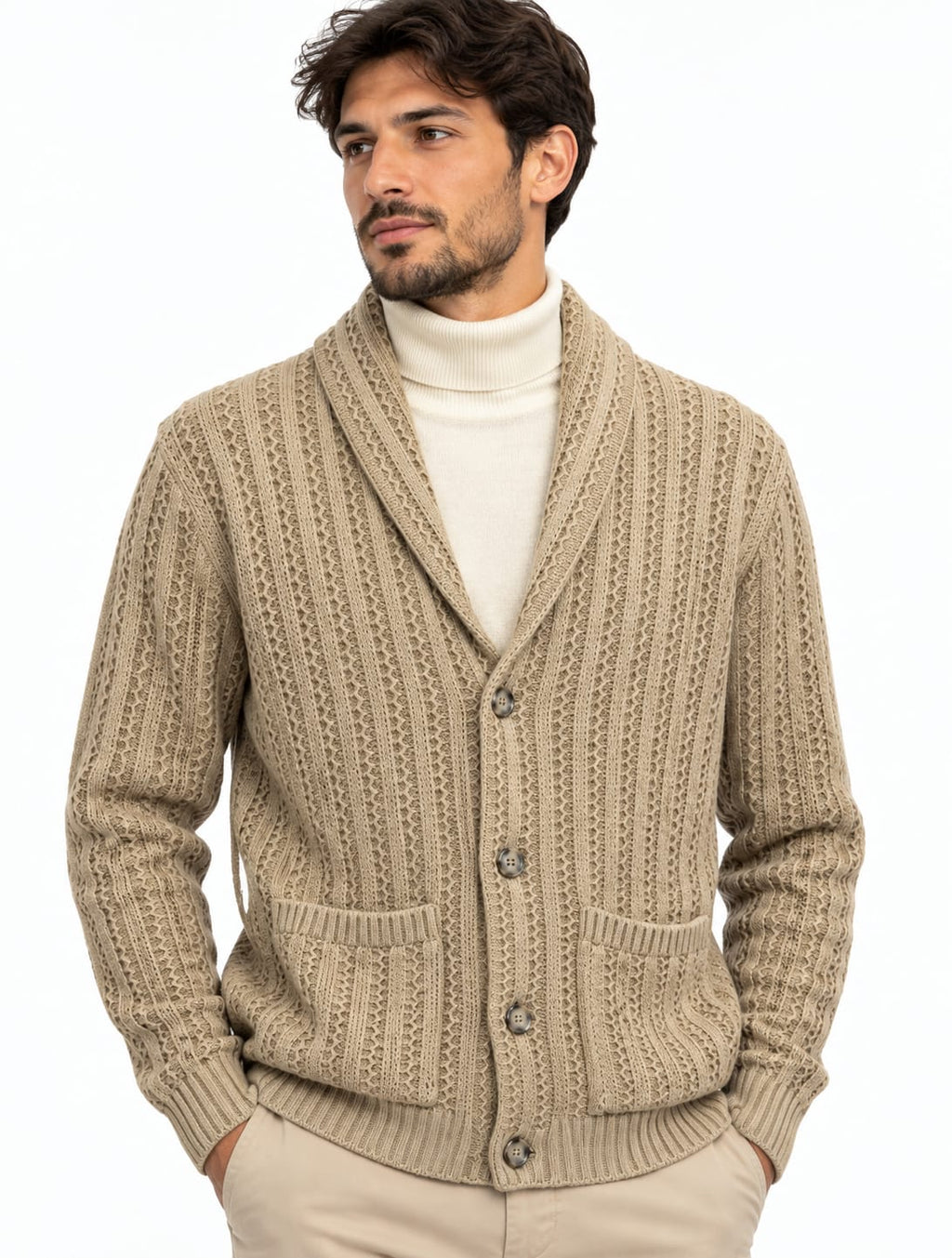 Cardigan Trame Intrecciate Collo Scialle 4 Colori Disponibili