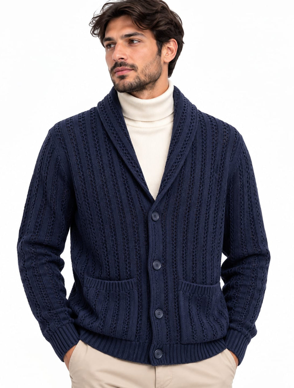 Cardigan Trame Intrecciate Collo Scialle 4 Colori Disponibili