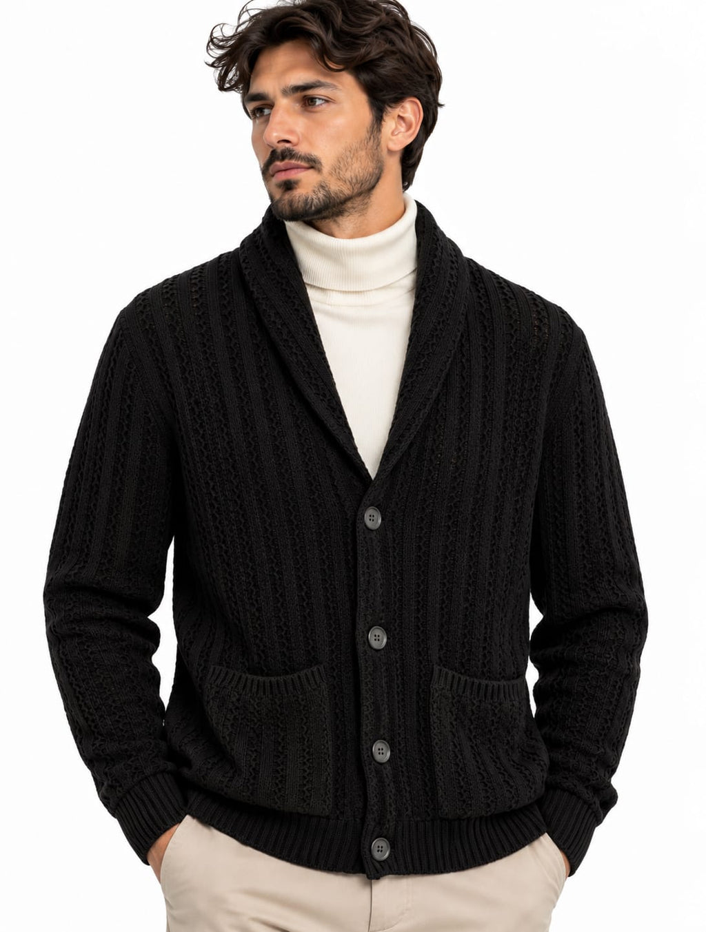 Cardigan Trame Intrecciate Collo Scialle 4 Colori Disponibili