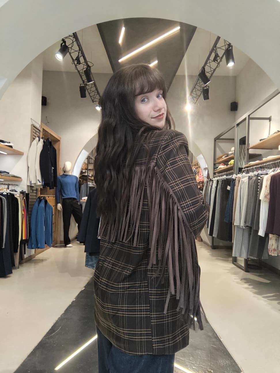 Blazer Oversize Tartan con Frange  Marrone Scuro