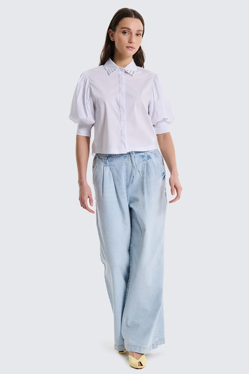 Jeans Wide-Leg Fluidi con Vita Paperbag e Tasselli Laterali - Lavaggio Chiaro image 0