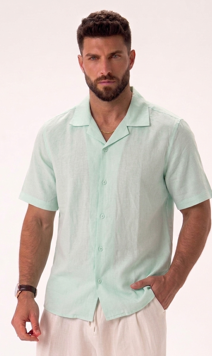 Camicia Manica Corta Misto Lino Collo Bowling Verde Menta  image 0