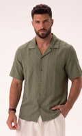 Camicia Manica Corta Misto Lino  Collo Bowling Verde  image 0