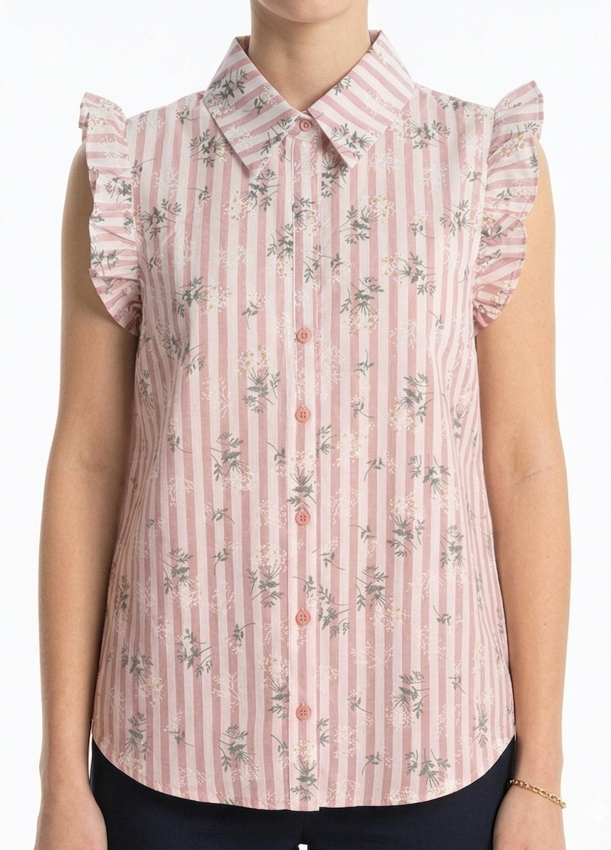 Camicia a Righe con Ricami Floreali Rosa image 0